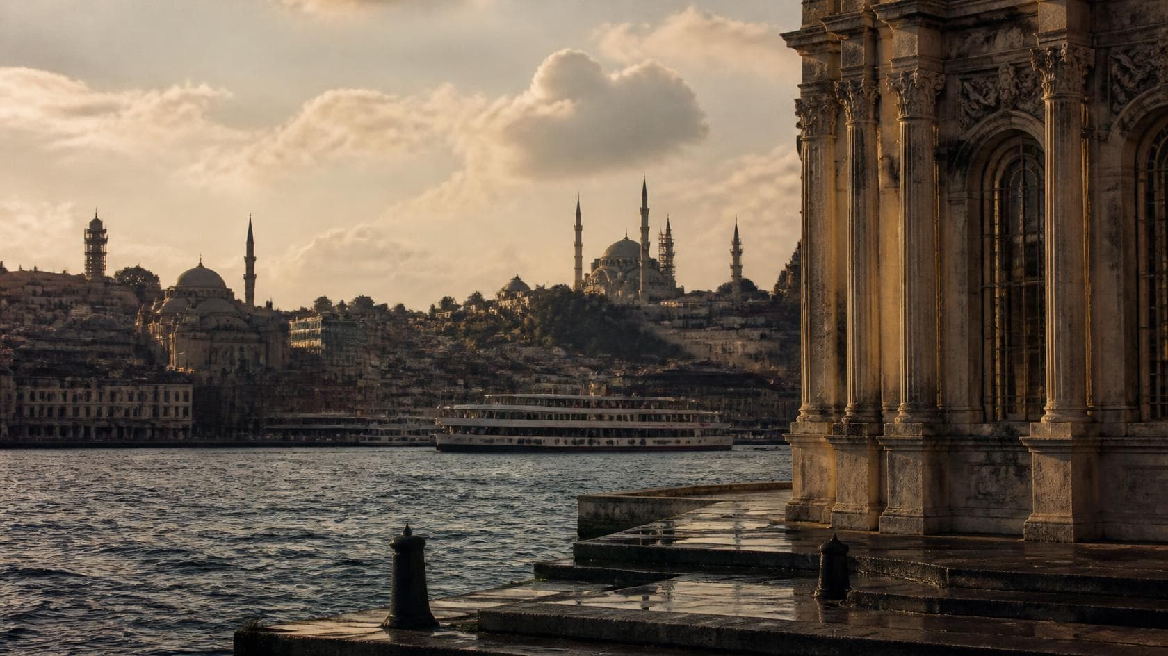 Cinematic, historically inspired editorial photograph of Istanbul's long history, with subtle Byzantine Constantinople and Ottoman Istanbul references, Bosphorus, historic waterfront architecture, old stone buildi